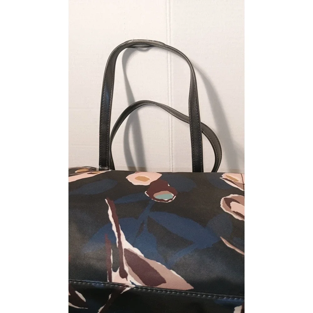 Kate Spade Tote Bag Womens Medium Black Good Floral Nylon Leather Trim Shoulder